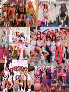 collage of photos with women dressed in pink and white outfits, including one woman holding a balloon