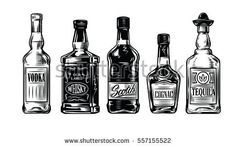 four different types of alcohol bottles in black and white