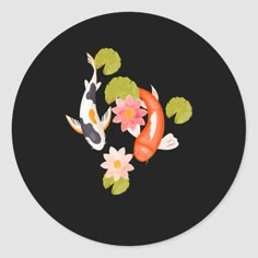 two koi fish and lily pads on a black round sticker with water lilies