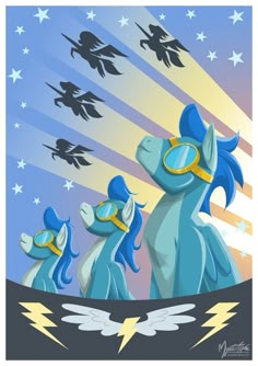 three blue horses wearing goggles with stars in the background