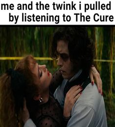 a man and woman hugging each other with the caption'me and the twik i pulled by listening to the cure