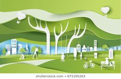 people are walking in the park with trees and buildings on green paper cutout background