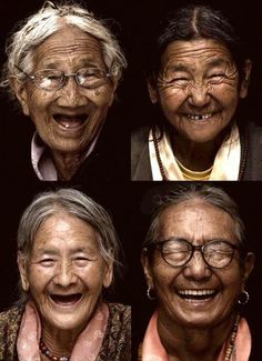 four different pictures of an old woman with glasses on her face and smiling at the camera