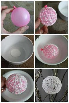 instructions to make an ornament out of string and plastic balls for christmas tree ornaments