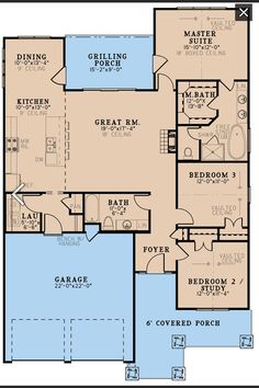 the first floor plan for a home with two master suites and an attached living area