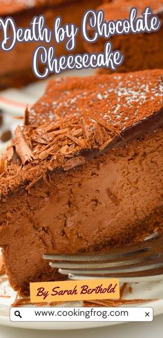 a slice of chocolate cheesecake on a plate with a fork