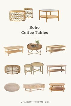 coffee tables and end tables are shown with text that reads boho coffee tables