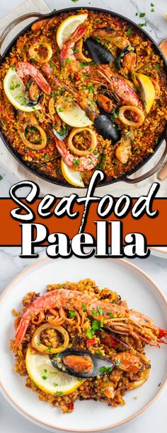 the seafood paella is served with shrimp and mussels