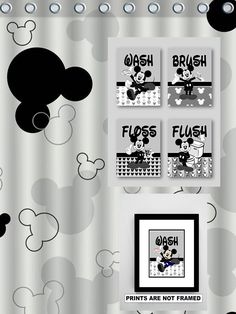 mickey mouse bathroom decor is shown in black and white with polka dots on the shower curtain