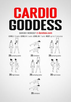 the cardio goddess workout guide is shown in red and black, with instructions on how to