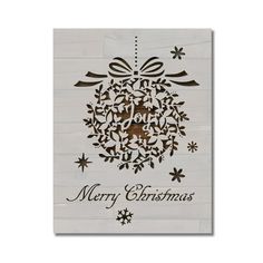 a white christmas card with an ornament on it