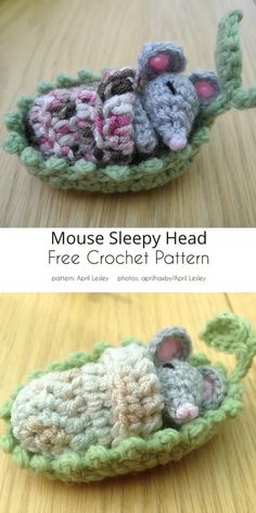 two crocheted mice in a leaf with text overlay that says mouse sleepy head free crochet pattern