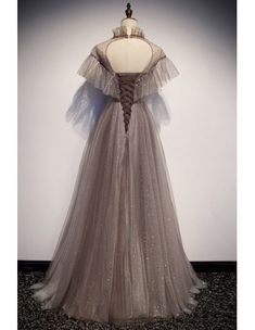 10% off now! Shop grey tulle long prom dress with sparkling stars online. Sheprom offers formal, party, casual & more style dresses to fit your special occasions. Prom Dress With Ruffles, Short Sleeve Prom Dresses, Prom Dress Tulle, Tulle Long Prom Dress, Grey Evening Dresses, Sparkly Prom Dress, Formal Ball Gown, Simple Prom Dress, Tulle Evening Dress