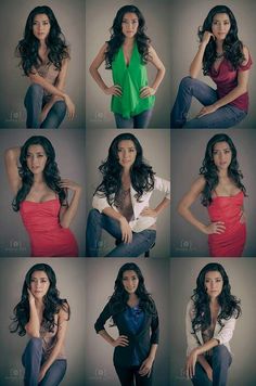 many different pictures of a woman with long hair