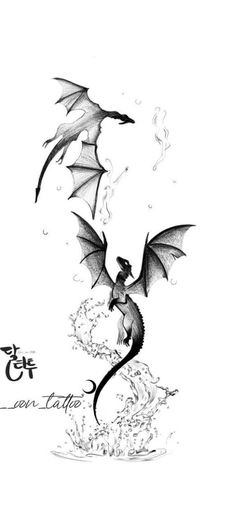 a black and white drawing of two dragon flying in the air with water droplets around them