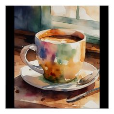 a watercolor painting of a coffee cup on a saucer