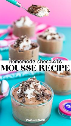 homemade chocolate mousse recipe in small glass bowls with spoon on blue table and pink background