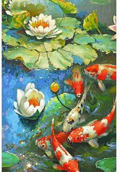 a painting of koi fish and water lilies in a pond