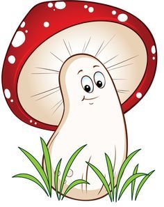 a cartoon mushroom with big eyes sitting in the grass