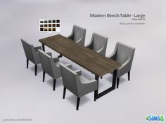 the modern dining table is made from wood and grey leather chairs are around it, along with matching color swatches