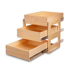 three wooden drawers stacked on top of each other with one open drawer in the middle