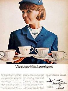 an advertisement for the former miss butterfingerers featuring a woman in uniform holding cups and saucers