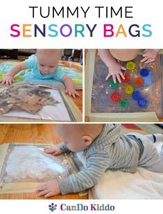 a collage of images showing how to make a tummy time sensory bag