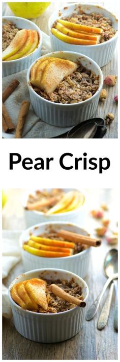 three different views of food in pans with the words pear crisp on top and bottom