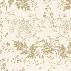 a white and gold wallpaper with flowers on it