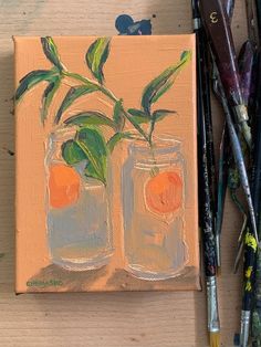 an oil painting of two jars with oranges in them and paintbrushes next to it