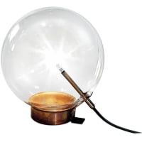 a large glass ball with a metal stand on it's side and a wooden base