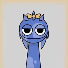 a blue cartoon character with big eyes and a bow on its head, standing in front of a gray background