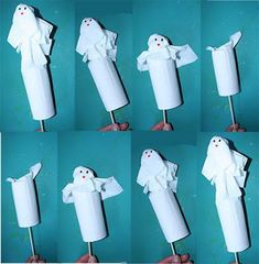 the instructions for how to make a toilet paper roll ghost puppet with toothpicks