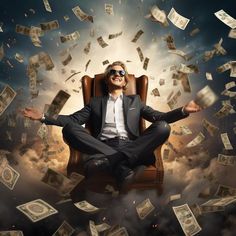 a man sitting in a chair surrounded by money falling from the sky and flying around