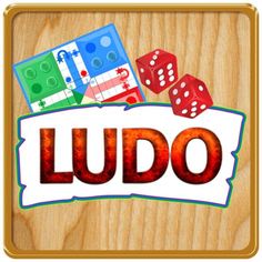 the word ludo is surrounded by dices on a wooden background with an image of two