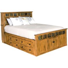 a wooden bed with drawers underneath it and white sheets on the headboard, in front of a white background