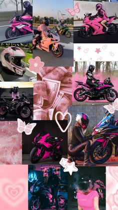 a collage of pink and black photos with hearts, stars, motorcycles, and butterflies