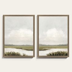 two paintings on the wall with grass and water in them, one is white and green