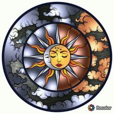 a stained glass window with the sun and moon in it's center, surrounded by clouds