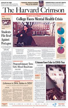 the harvard crimson college faces mental health crisis newspaper front page, with an image of a woman sitting on a bench