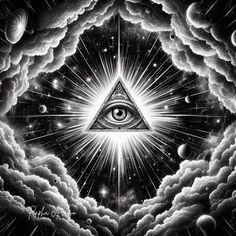 an all seeing eye surrounded by clouds and stars