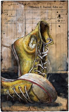 a painting of a pair of yellow shoes on top of a wooden floor with writing in the background