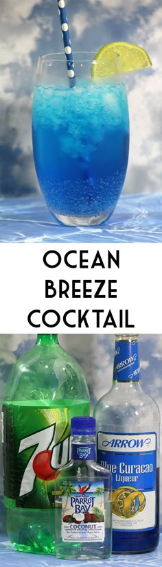 an ocean breeze cocktail in a glass with ice and lemon wedges