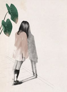 a drawing of a girl looking at a plant that is growing from the ground with its shadow on it