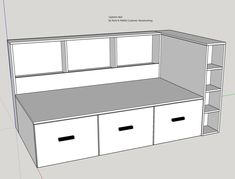 a drawing of a desk with drawers and shelves on it's side, next to an outline of the wall