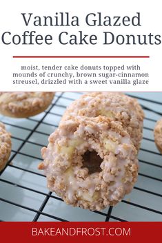 vanilla glazed coffee cake donuts on a cooling rack with text overlay that reads, vanilla glazed coffee cake donuts