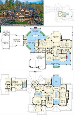 two floor plans for a large home with multiple levels and lots of windows, including the second