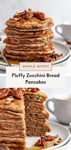 a stack of fluffy zucchini bread pancakes with pecans