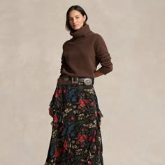 Printed with an allover floral motif this crinkled georgette wrap skirt is detailed with flowing ruffle trim and fluid self-ties at the waist. Maxi Wrap Skirt, Midnight Garden, Wrap Maxi Skirt, Ralph Lauren Style, Over 50 Womens Fashion, Ralph Lauren Dress, Floral Ruffle, Skirt Design, Ralph Lauren Womens