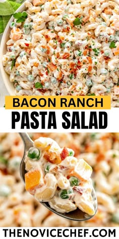 bacon ranch pasta salad in a white bowl and on a spoon with the title above it